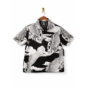 Rebel Vengeance Skull Wing Print Button Up Shirt XL Gothic Punk Short Sleeve